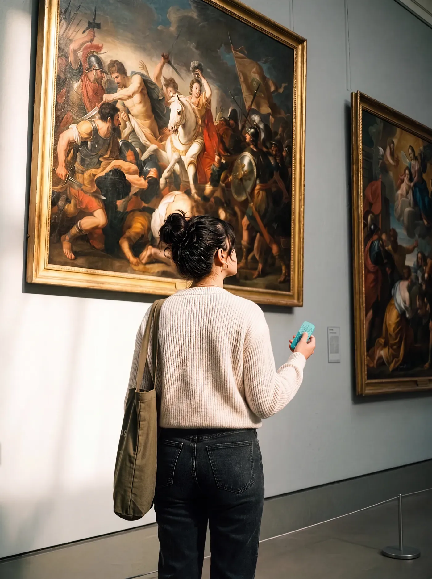 A visitor standing before a large baroque painting, the audio guide in her hand