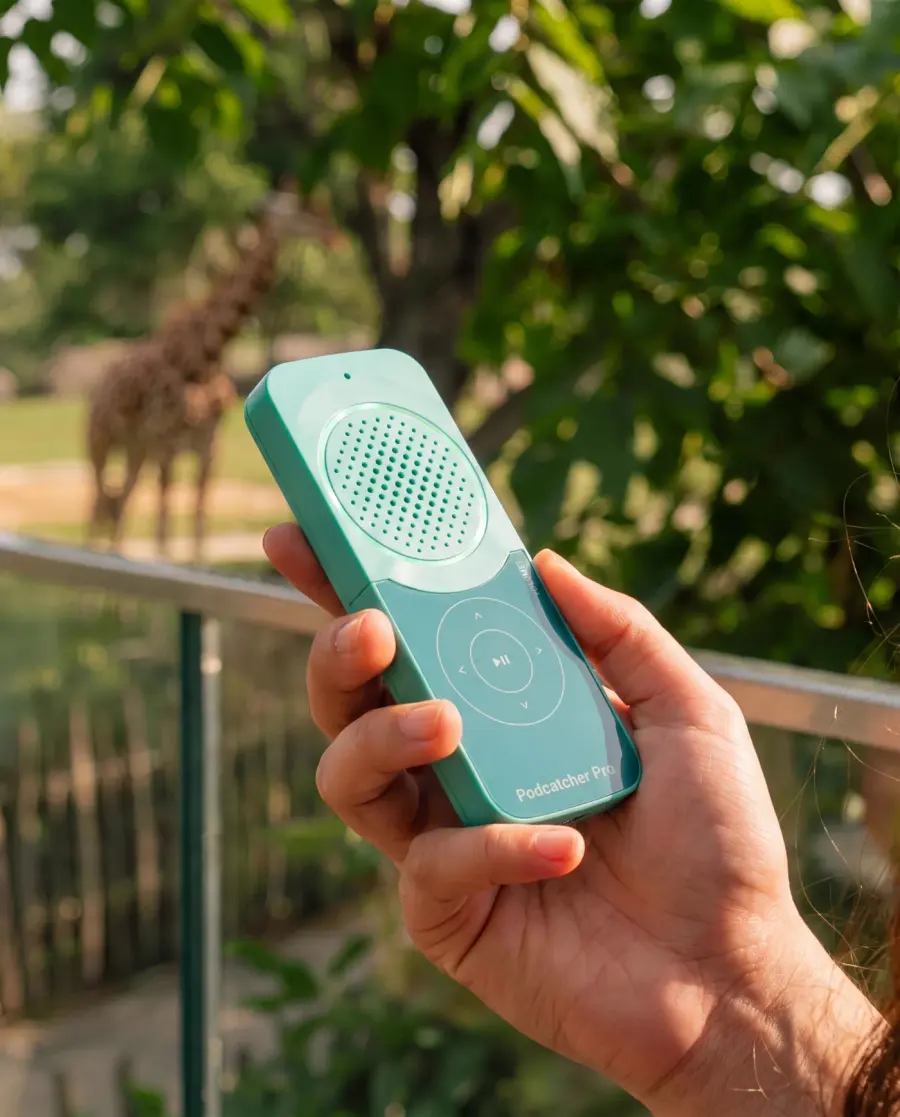 The Podcatcher Pro held in one hand, giraffes beyond