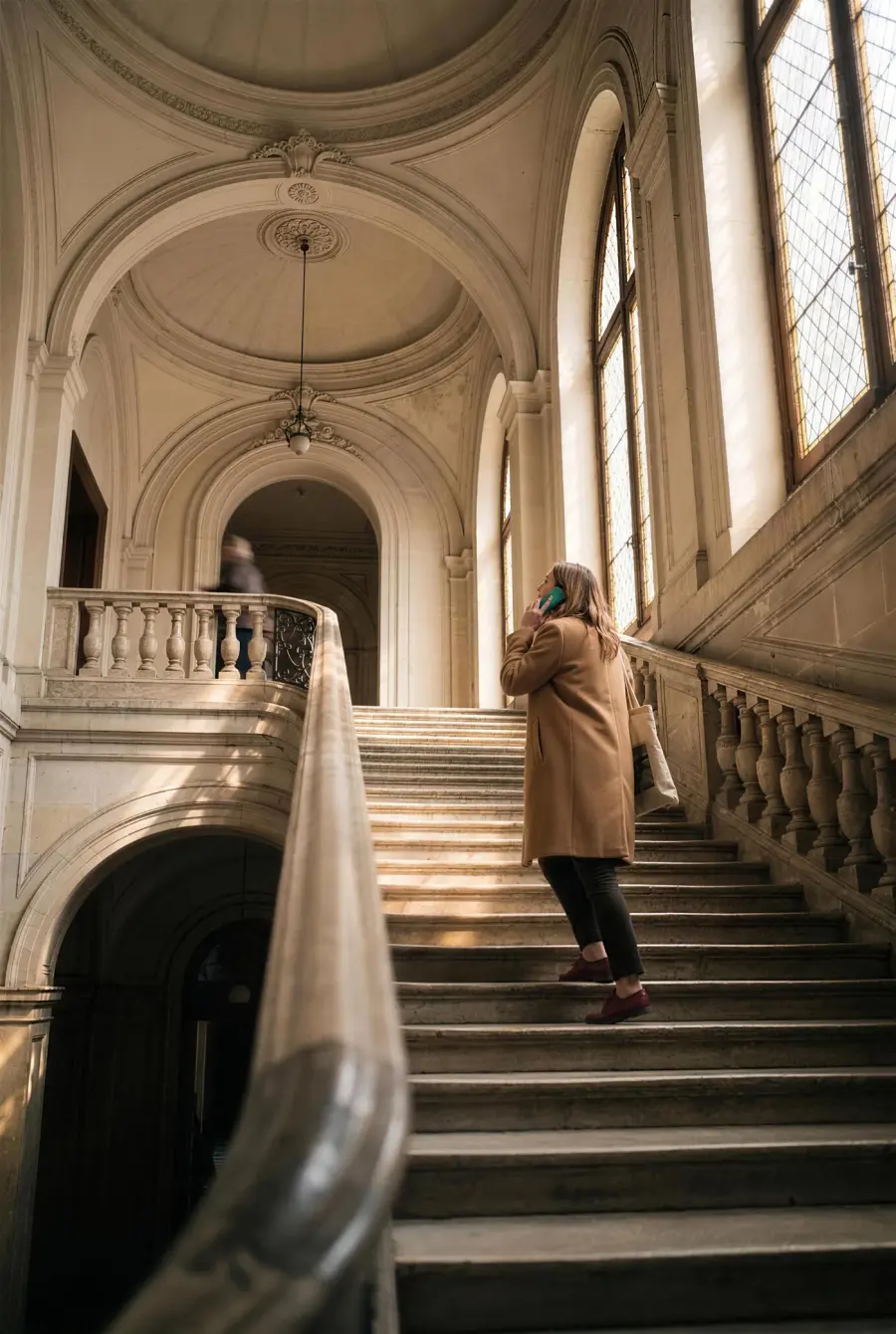 A visitor climbing a grand stone staircase, the audio guide at her ear
