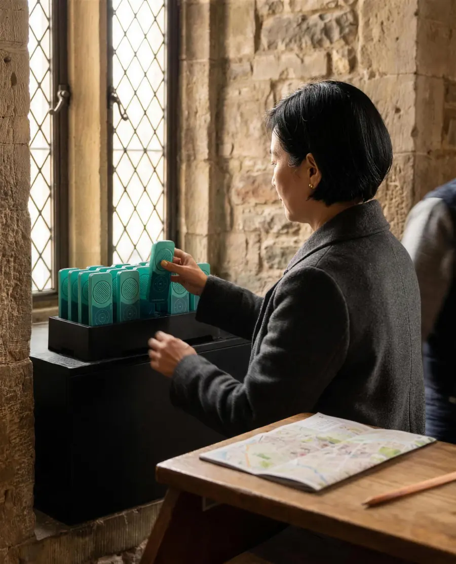A visitor returning a device to the charging basecamp by a stone window