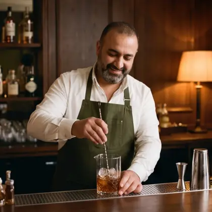 The hotel bartender stirring a drink