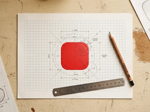 A brand mark on a construction sheet with measurement and golden-ratio lines