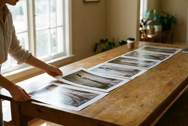 A row of prints of the same editorial laid out in order on a wooden table