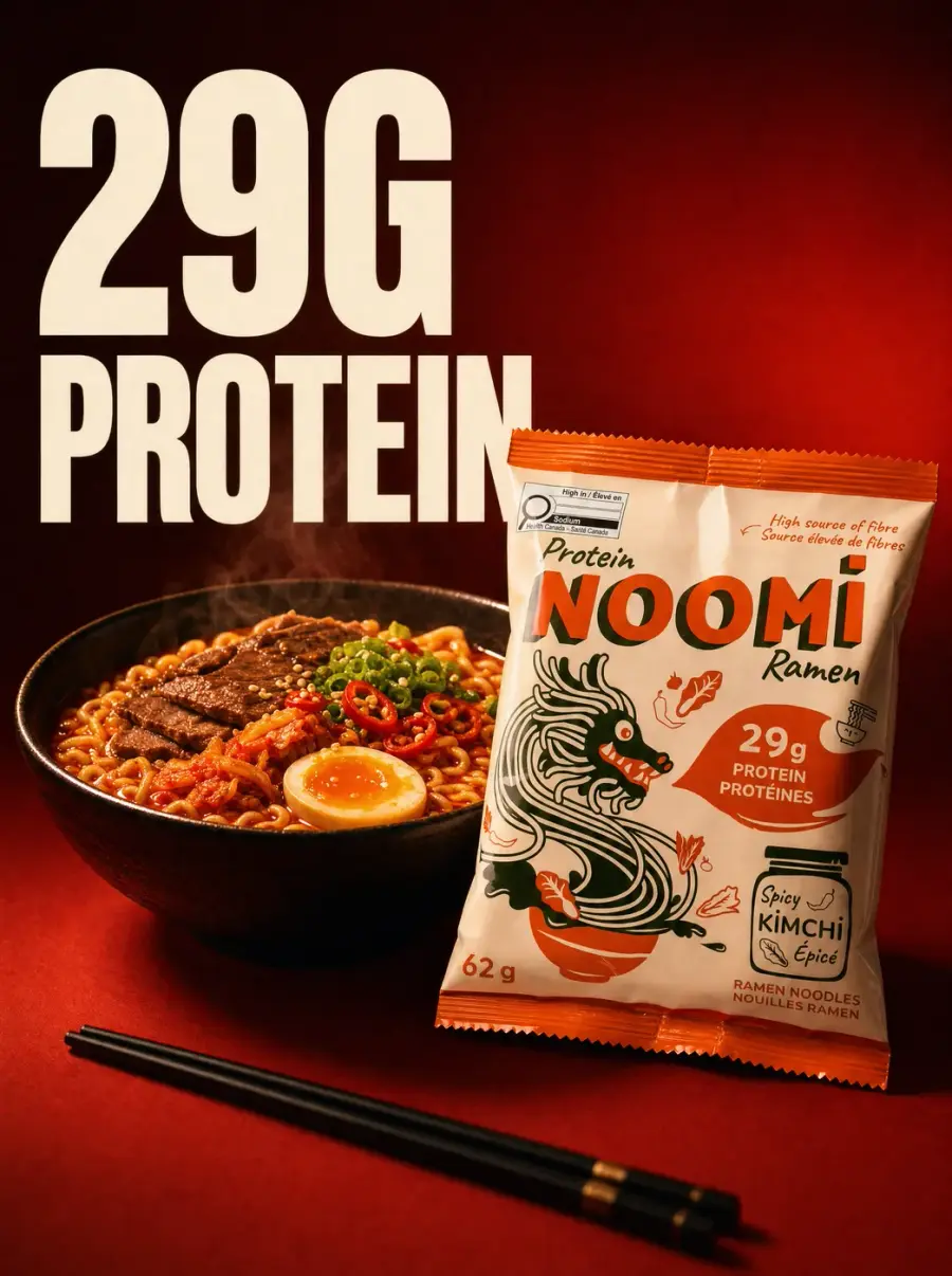 A steaming bowl of Noomi kimchi ramen beside the pack, made for the launch campaign