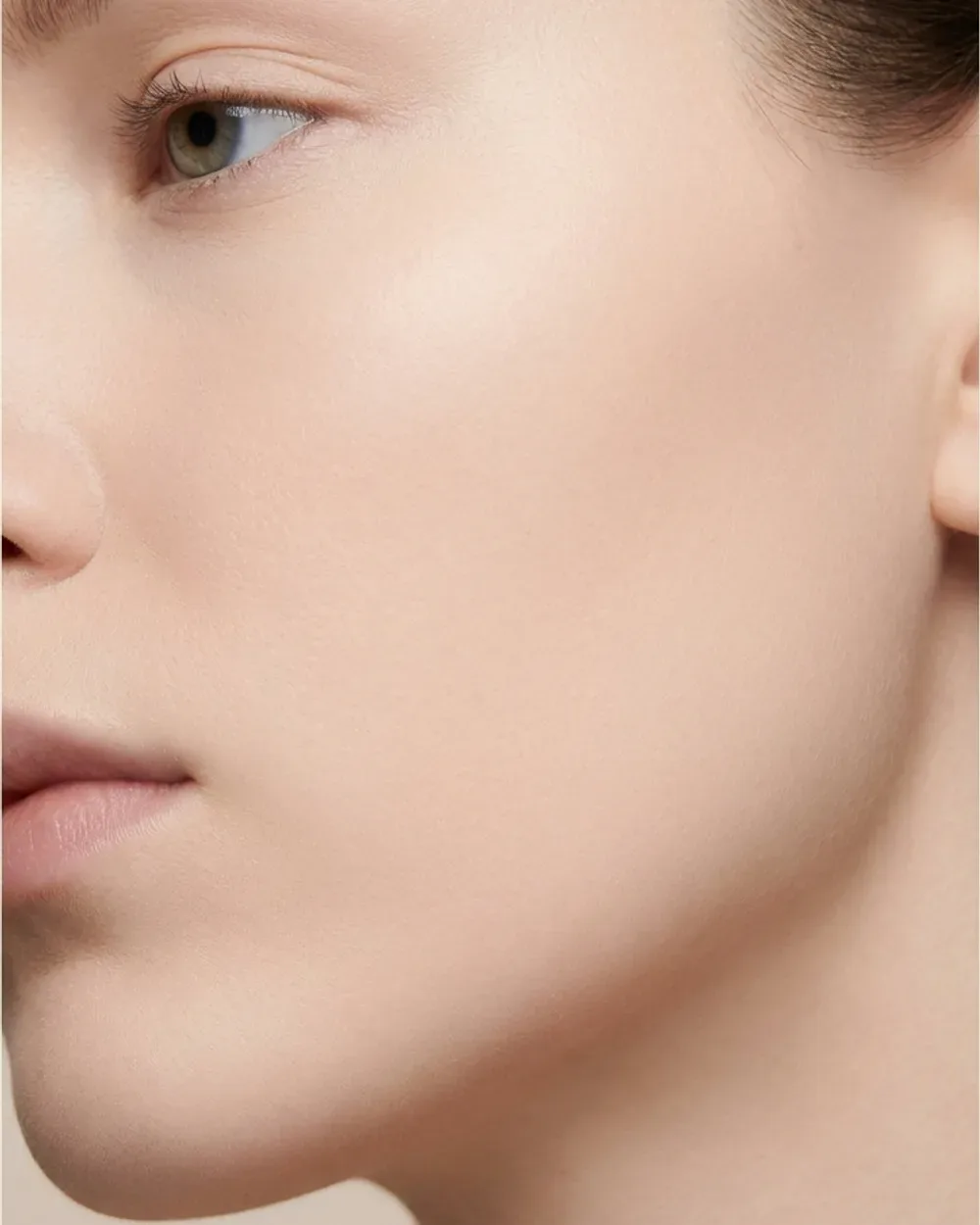Beauty close-up with completely smooth, poreless skin