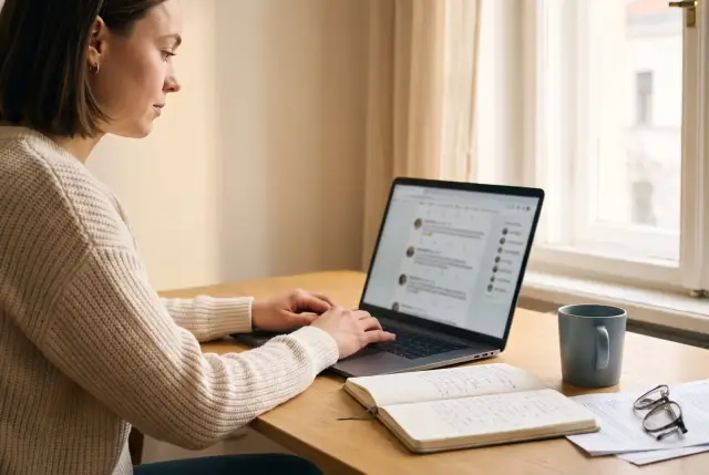 A woman writing a post at a sunlit oak desk, a column of written posts open on the laptop beside her notebook