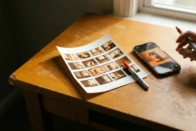 A phone showing an ad creative beside a contact sheet of variants, one circled in red