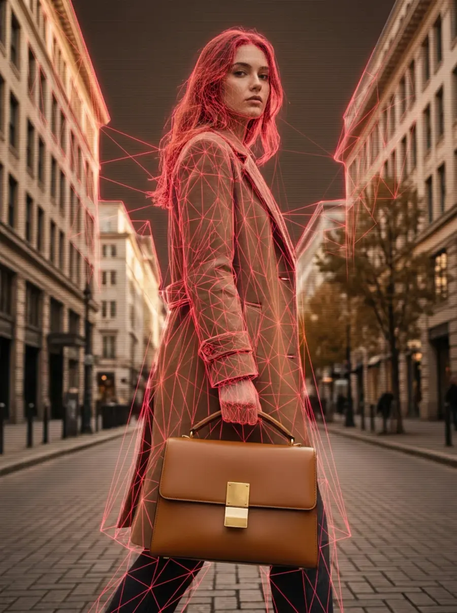 The same handbag carried by a model whose figure and street are still resolving out of glowing wireframe