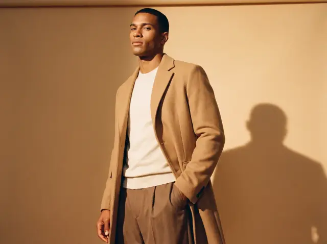 A model in a camel overcoat on a warm studio backdrop