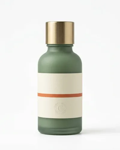 Studio packshot of a sage-green serum bottle with a brass cap and a terracotta band on the label