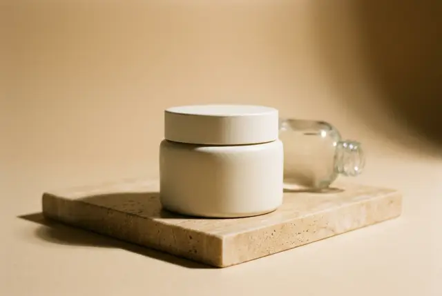 A ceramic jar on a stone plinth under a hard raking studio light