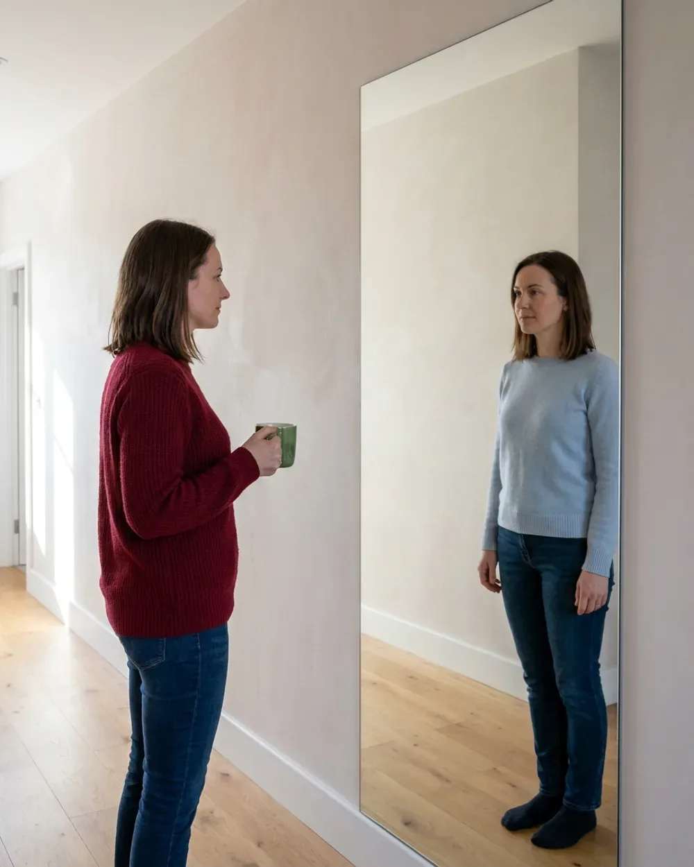 A woman in a red jumper holding a green mug, whose mirror reflection wears a blue jumper and holds nothing