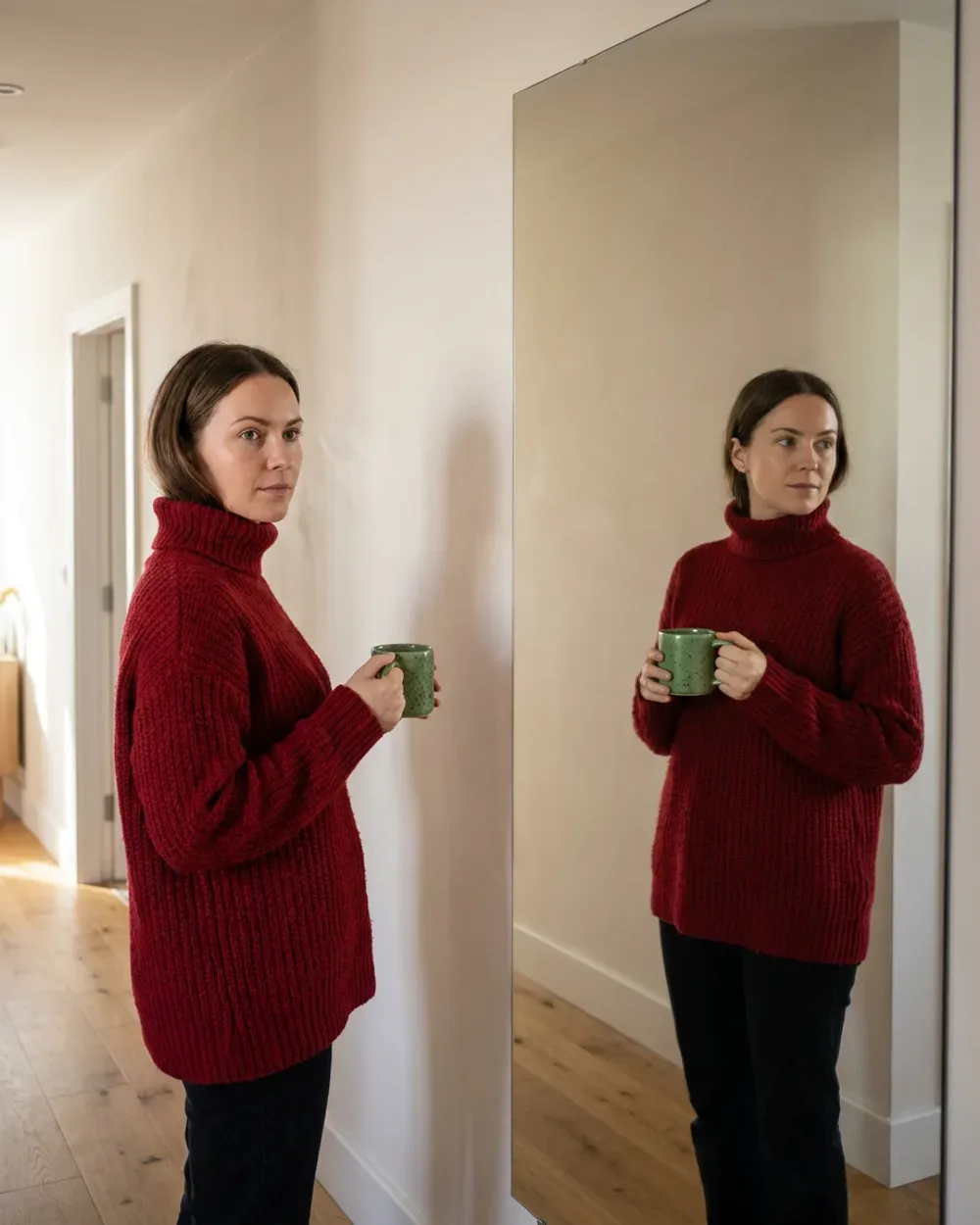 The same scene where the reflection matches the woman exactly