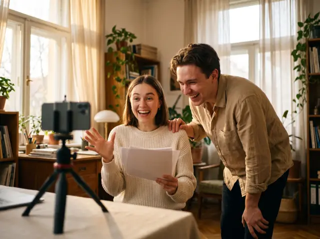Two creators about to film, one holding a script