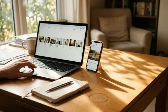A laptop showing a week of scheduled posts beside a phone with one of them live