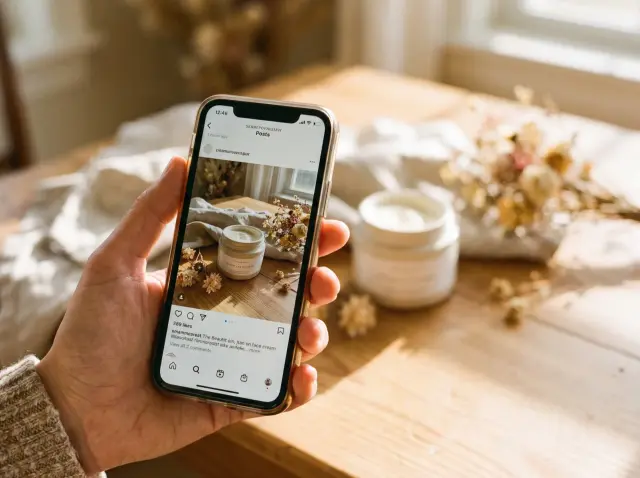 A finished social post shown on a phone in front of the scene it was shot in