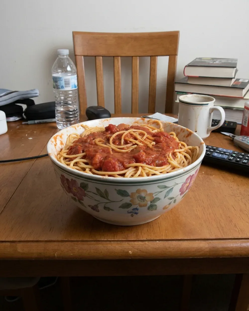 A bowl of pasta shot dead centre and clipped, with a cluttered background and a chair growing out of it