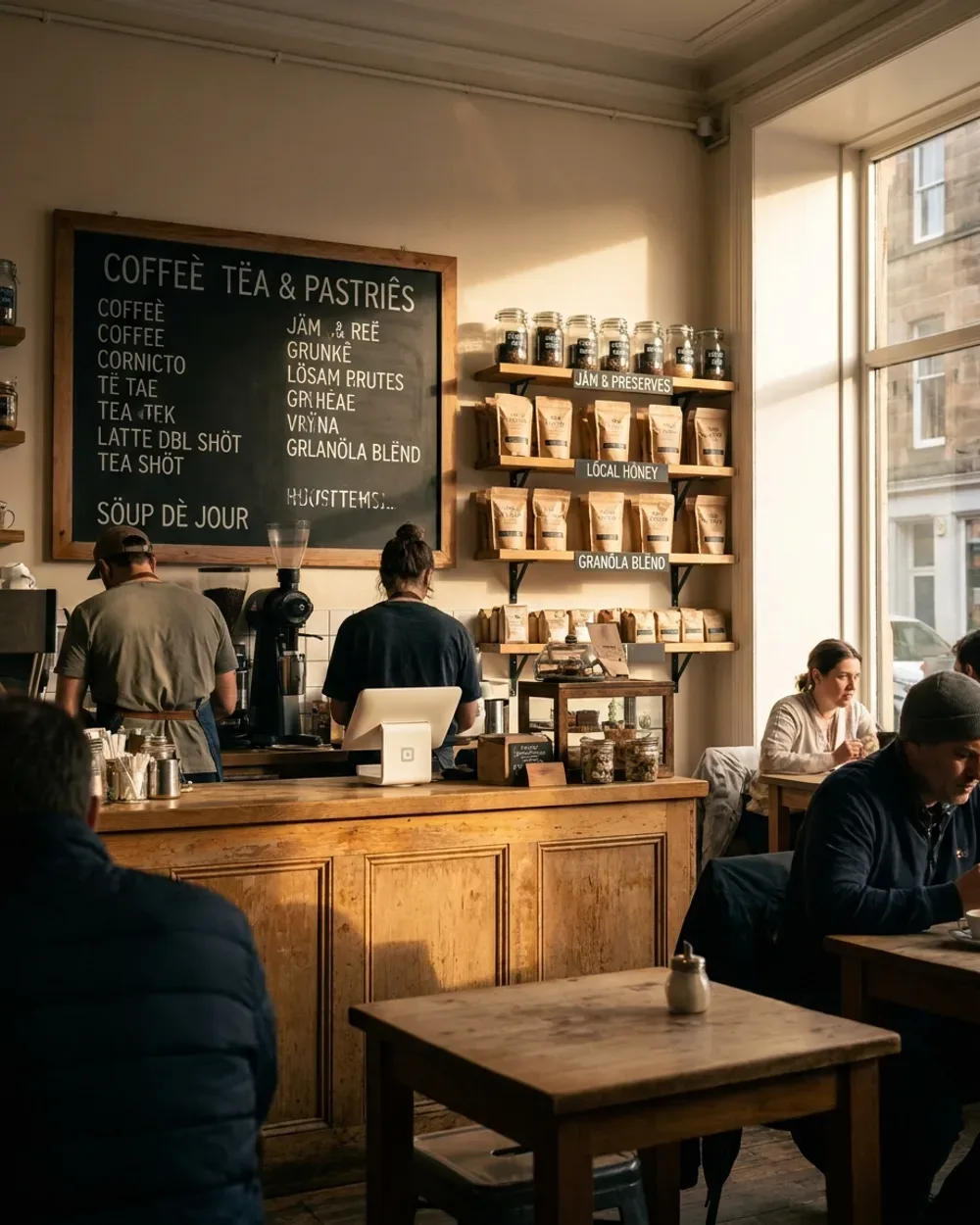 A café interior where the menu board and every shelf label are garbled