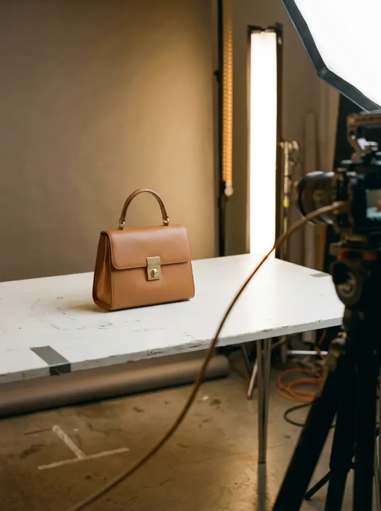 A leather handbag photographed on a shooting table in a lit studio
