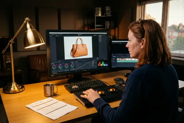 A grading suite in low light, a product photograph being retouched on the monitor