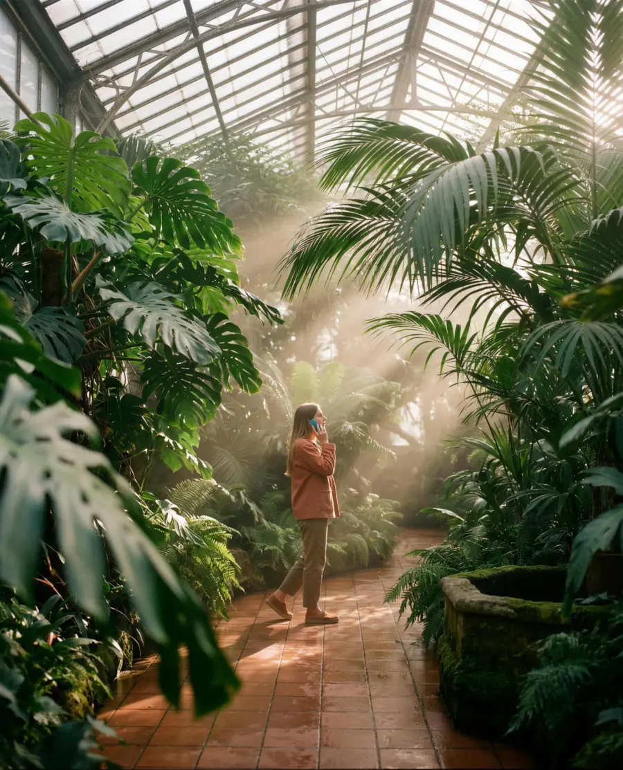 A visitor alone on a path beneath tree ferns in a glasshouse