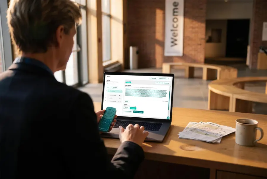 Venue staff working on the Guide-ID portal, devices charging beside them