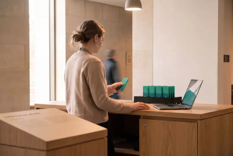 A member of staff at a welcome desk beside a rack of devices