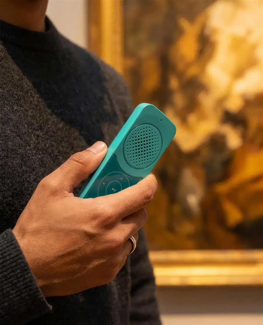 The device in a visitor’s hand, a gilded painting beyond