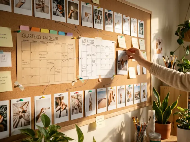 A content-planning wall with a marked-up quarterly calendar and pinned prints